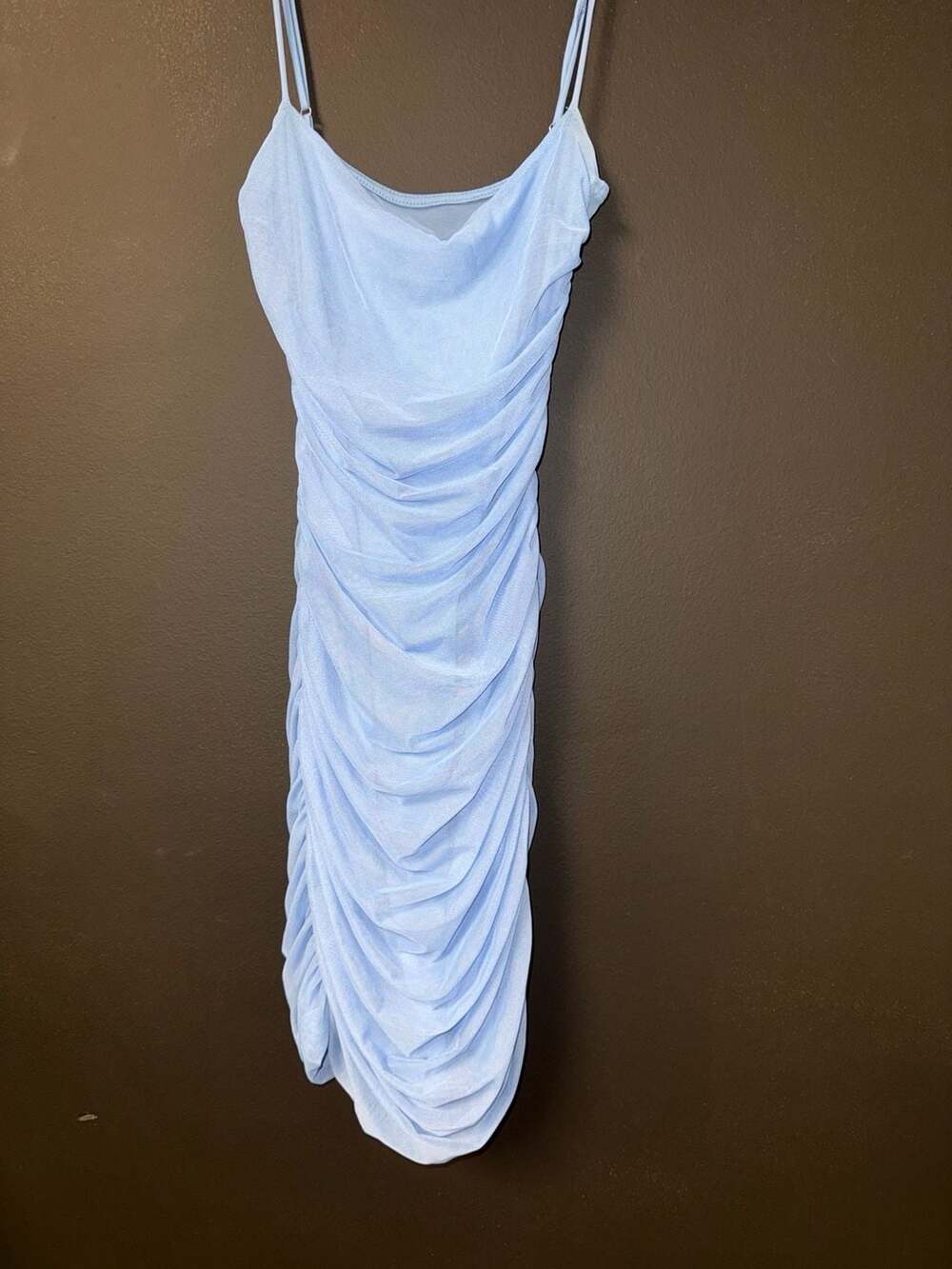 Lucy in the Sky Light Blue Ruched Mesh Mini Dress Size S